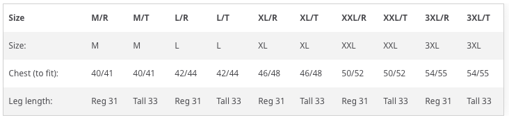 Polo Shirt Size Chart